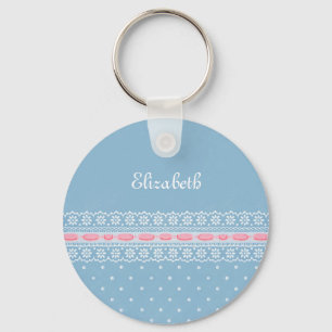 Cute Blue Polka Dots Girly Pink Lace With Name Key Ring