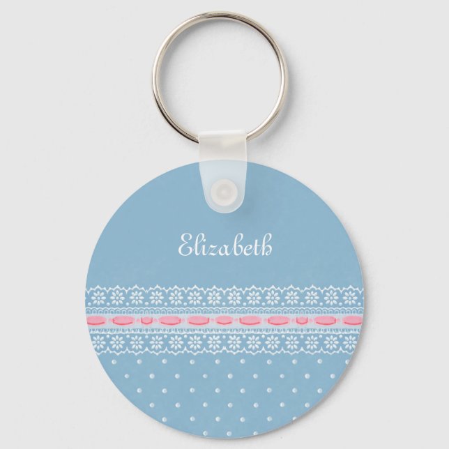 Cute Blue Polka Dots Girly Pink Lace With Name Key Ring (Front)