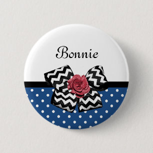Cute Blue Polka Dots Red Rose Chevron Bow and Name 6 Cm Round Badge
