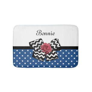 Cute Blue Polka Dots Red Rose Chevron Bow and Name Bath Mat