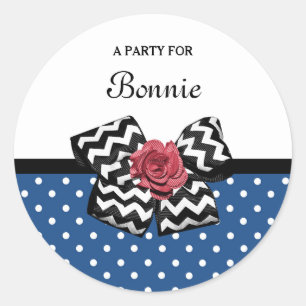 Cute Blue Polka Dots Red Rose Chevron Bow and Name Classic Round Sticker