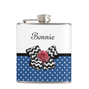 Cute Blue Polka Dots Red Rose Chevron Bow and Name Hip Flask