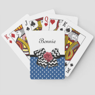 Cute Blue Polka Dots Red Rose Chevron Bow and Name Playing Cards
