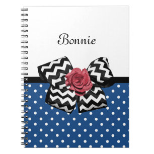 Cute Blue Polka Dots Red Rose Chevron Bow and Name Spiral Notebook
