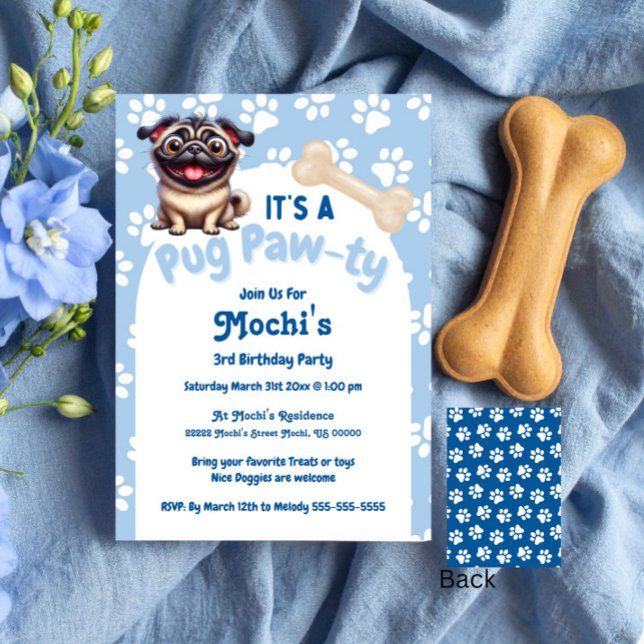Cute Blue Pug Doggie Birthday Paw-ty  Invitation (Creator Uploaded)