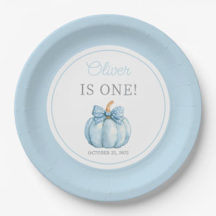 Cute Blue Pumpkin Boy 1st Birthday Paper Plate