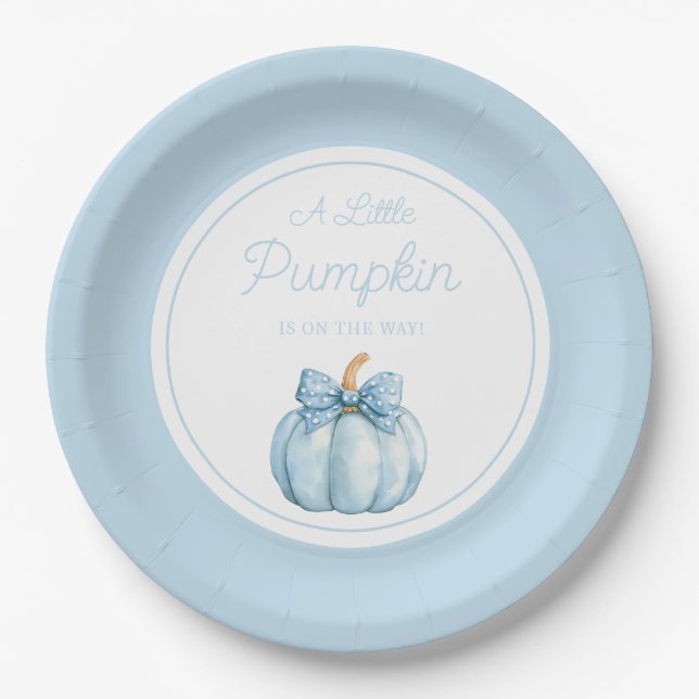 Cute Blue Pumpkin Boy Baby Shower Paper Plate (Front)