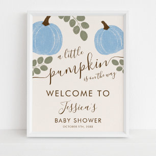 Cute Blue Pumpkin Eucalyptus Baby Shower Welcome Poster
