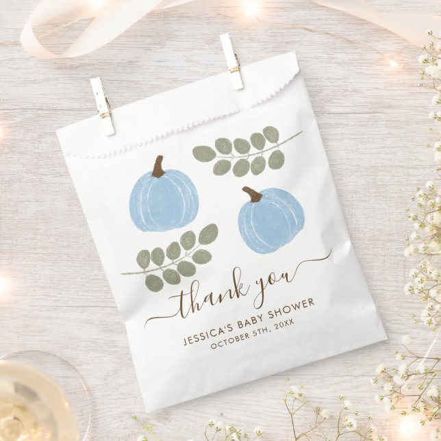 Cute Blue Pumpkin Eucalyptus Fall Boy Baby Shower Favour Bags (Clipped)