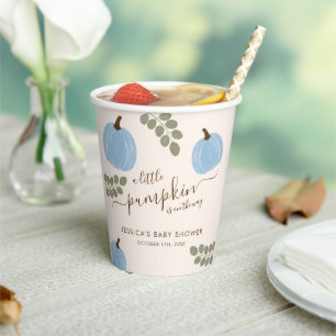 Cute Blue Pumpkin Eucalyptus Fall Boy Baby Shower Paper Cups