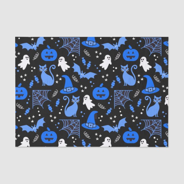 Cute Blue Pumpkin Ghost Halloween Pattern Tissue Paper (Front)