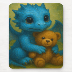 Cute Blue Puppy Eyed Baby Dragon with Teddy Bear Mouse Pad