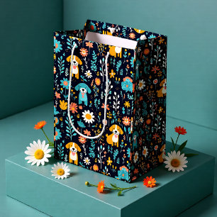 Cute Blue Puppy Flowers  Medium Gift Bag