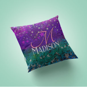 Cute blue purple ombre glitter monogram cushion