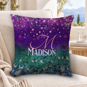 Cute blue purple ombre glitter monogram cushion