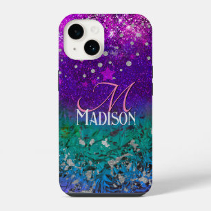 Cute blue purple ombre glitter monogram iPhone 14 case