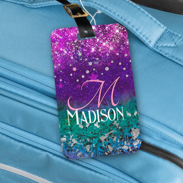 Cute blue purple ombre glitter monogram luggage tag (Creator Uploaded)