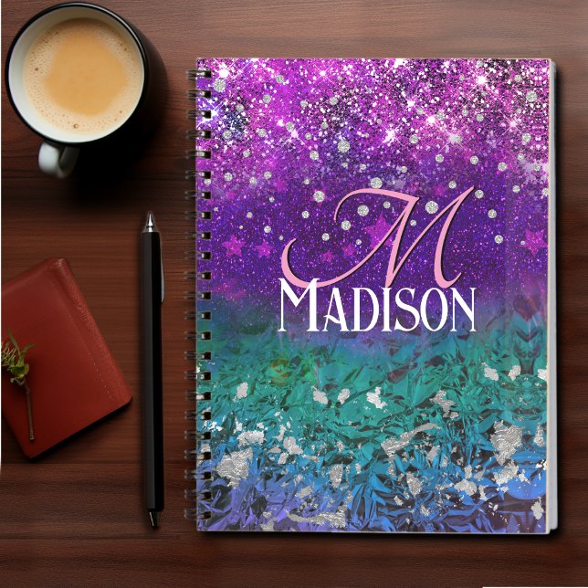 Cute blue purple ombre glitter monogram notebook (Creator Uploaded)