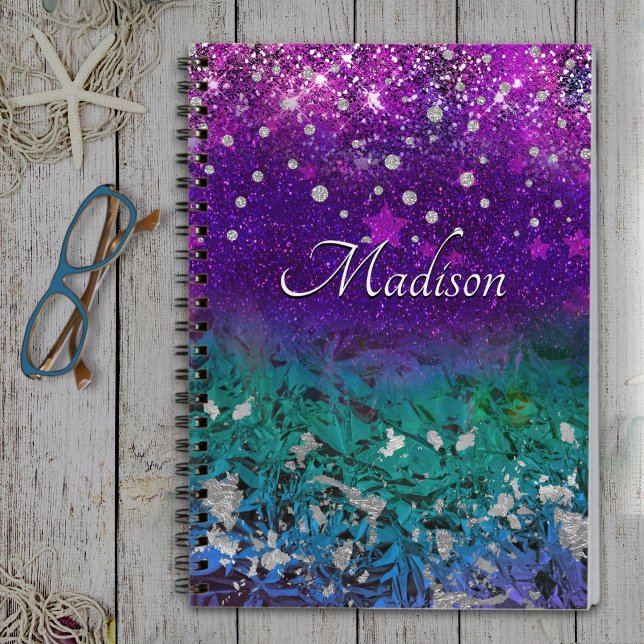 Cute blue purple ombre glitter monogram printed ba notebook (Creator Uploaded)