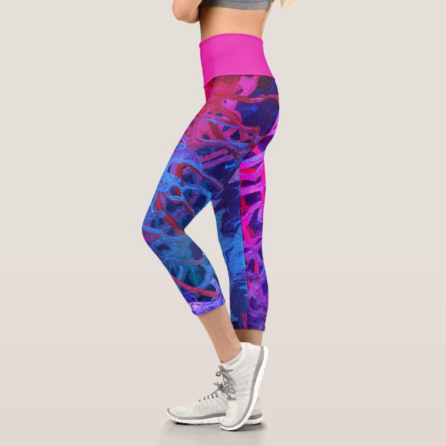 Cute Blue Purple Pink Abstract Grunge Pattern Capri Leggings (Left)