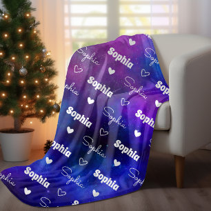 Cute blue purple repeating name personalized fleece blanket