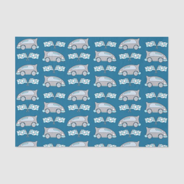 Cute Blue Racing Car and Flag Kids Pattern Tissue Paper (Front)