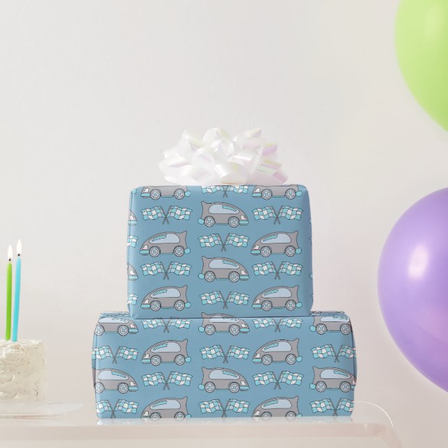 Cute Blue Racing Car and Flag Pattern Boy Wrapping Paper (Party Gifts)