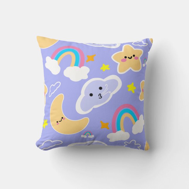 Cute Blue Rainbow Moon and Star Pattern Throw Pill Cushion (Front)