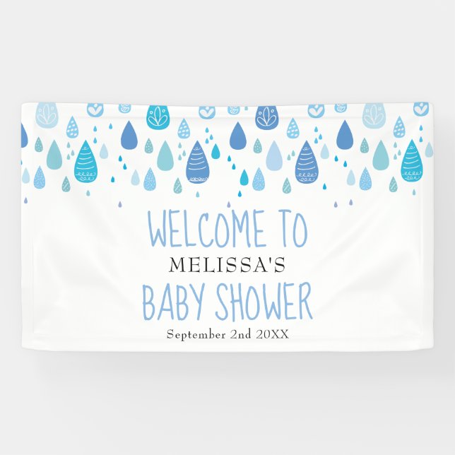 Cute Blue Raindrops Baby Shower / Sprinkle Welcome Banner (Horizontal)
