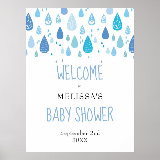 Cute Blue Raindrops Baby Shower Welcome Sign (Front)