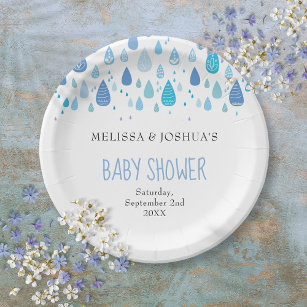 Cute Blue Raindrops Couples Baby Shower Sprinkle Paper Plate