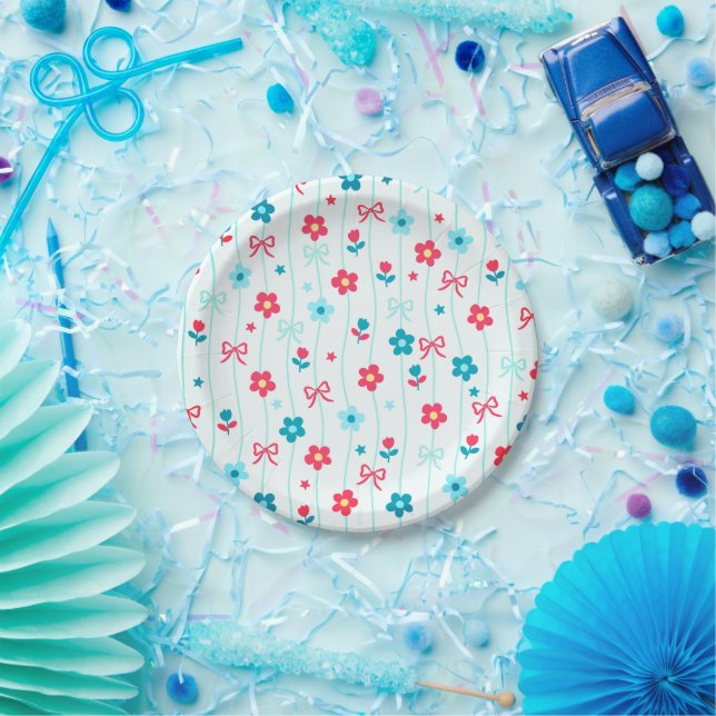 Cute Blue & Red Floral Bow Pattern Patriotic  Paper Plate (Party)