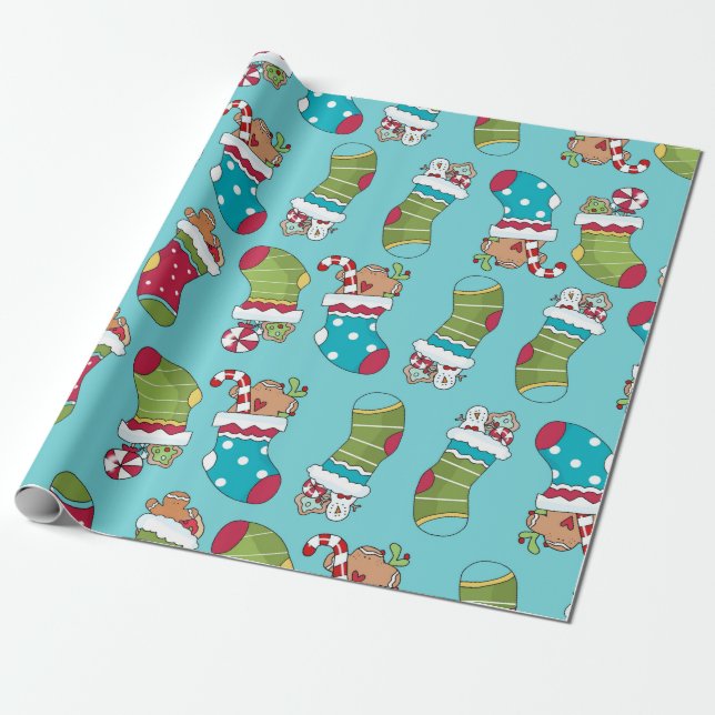 Cute Blue Red Green Christmas Stocking Pattern Wrapping Paper (Unrolled)