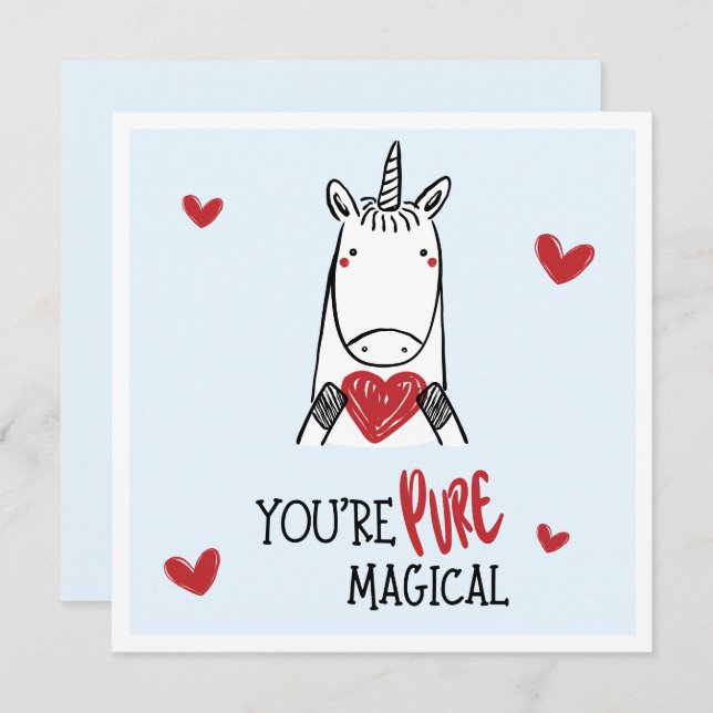 Cute Blue Red Hearts Unicorn Kids Valentine's Day Card (Front/Back)