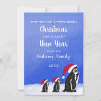 Cute Blue Red Penguin Santa Family Snowy Christmas