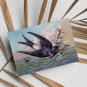 Cute Blue Red Swallow Bird And Pretty Flowers Card