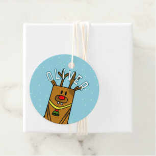 Cute Blue Reindeer Kid`s Name Christmas Favour Tags