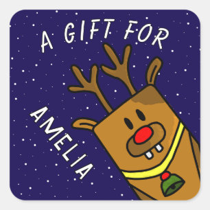 Cute Blue Reindeer Kid`s Name Christmas Gift Square Sticker