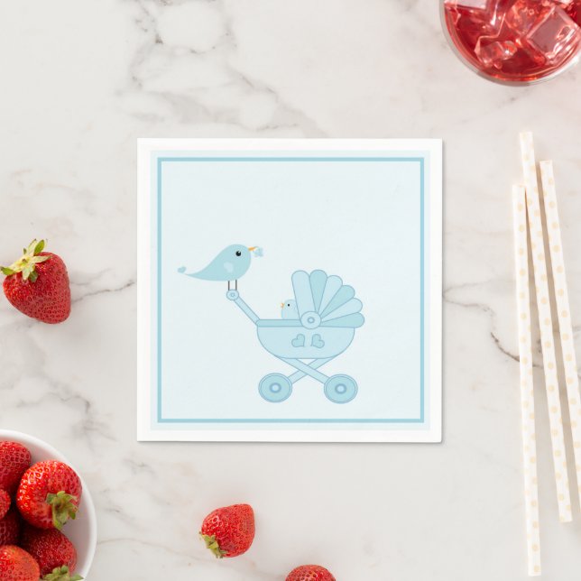 Cute Blue Retro Bird Baby Carriage Boy Baby Shower Napkin (Insitu)