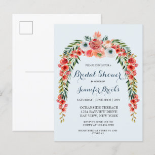Cute Blue Retro Garden Floral Bridal Shower Invita Invitation Postcard