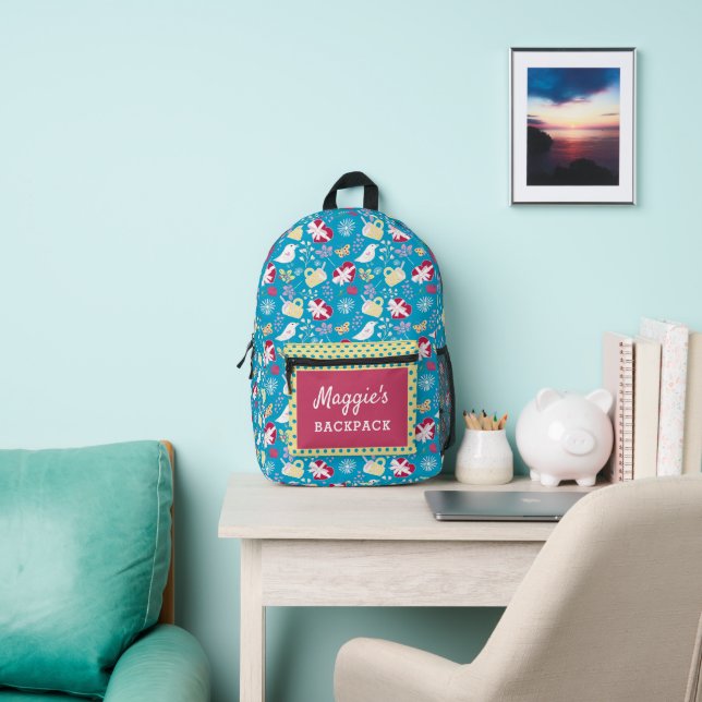 Cute Blue Retro Hearts Birds Mugs Printed Backpack (Insitu)