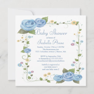 Cute Blue Ribbon Roses Baby Boy Baby Shower Invitation