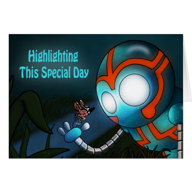 Cute Blue Robot Birthday (Front Horizontal)