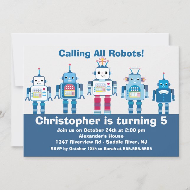 Cute Blue Robot Birthday Party Invitation (Front)