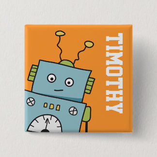 Cute Blue Robot with Personalised Name 15 Cm Square Badge