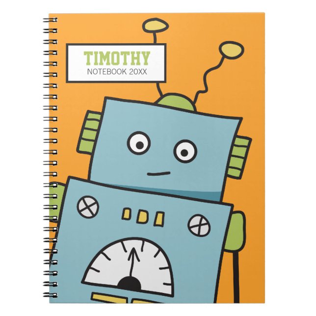 Cute Blue Robot with Personalised Name Notebook (Front)