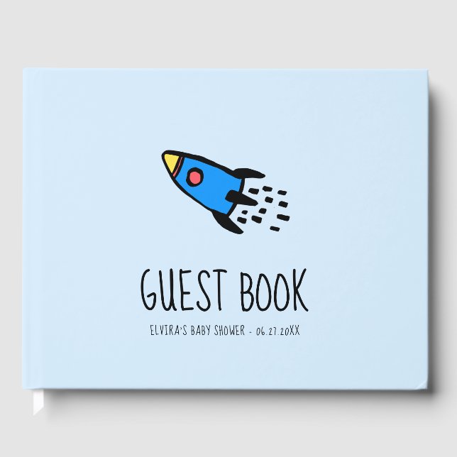 Cute blue rocket baby boy Baby shower Guest Book (Front)