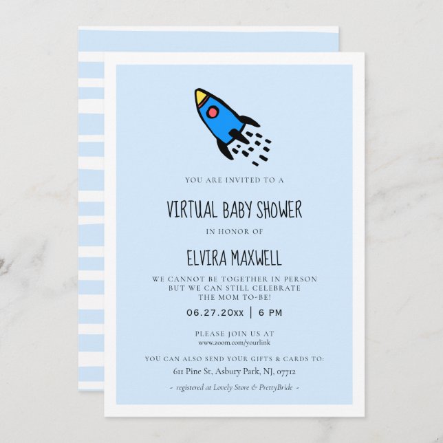 Cute blue rocket Boy Virtual Baby shower Invitation (Front/Back)