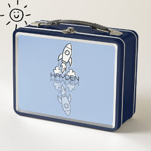 Cute Blue Rocket Reflection Doodle Custom Name Metal Lunch Box