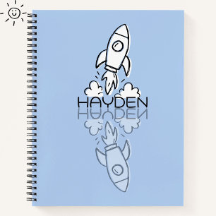 Cute Blue Rocket Reflection Doodle Custom Name Notebook